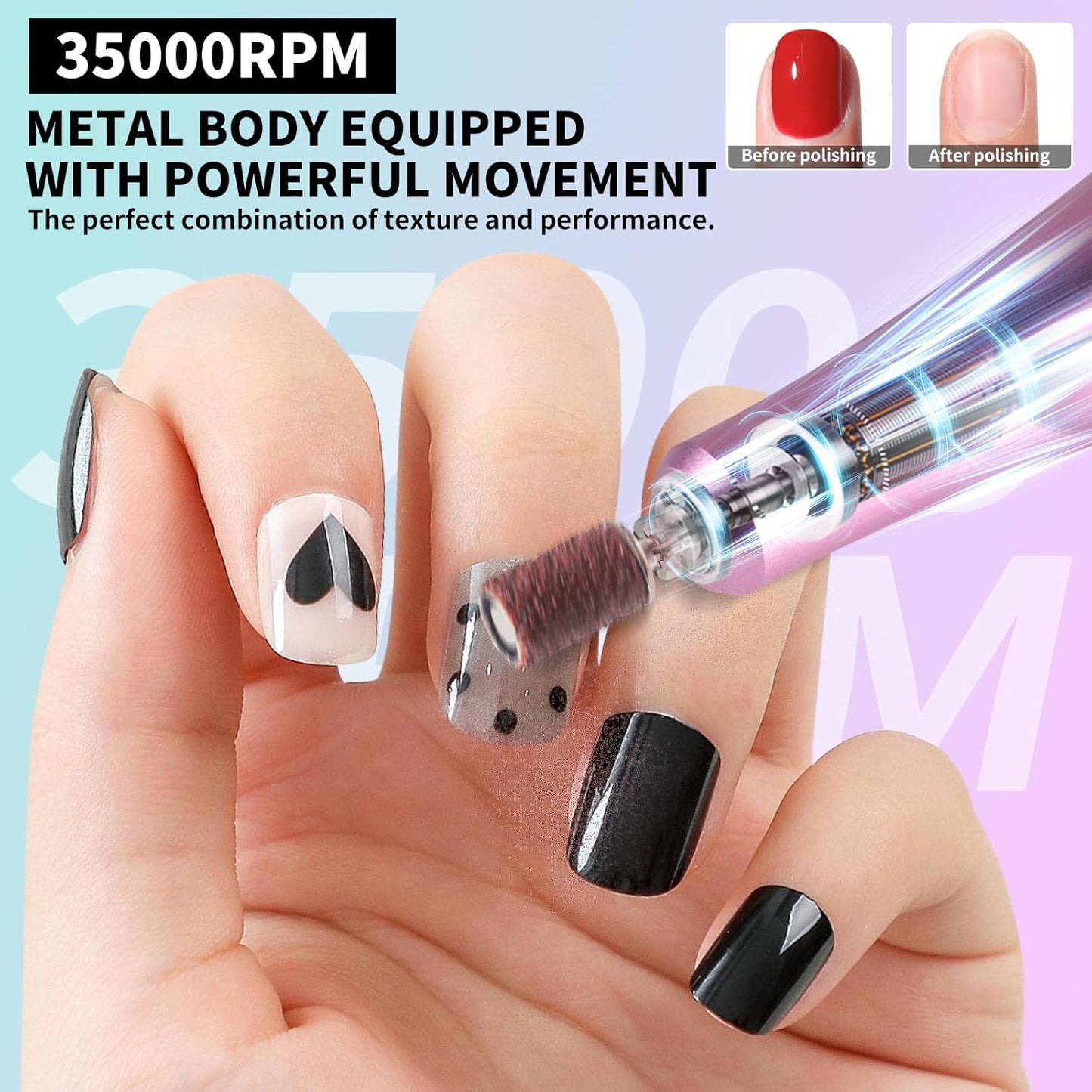 Professional Electric Nail Drill Kit 35000RPM with 14PCS Bits Purple Green Portable Rechargeable Cordless File Machine for Acrylic Gel Powder Nails and Manicure Pedicure Toenail Tool Salon Set