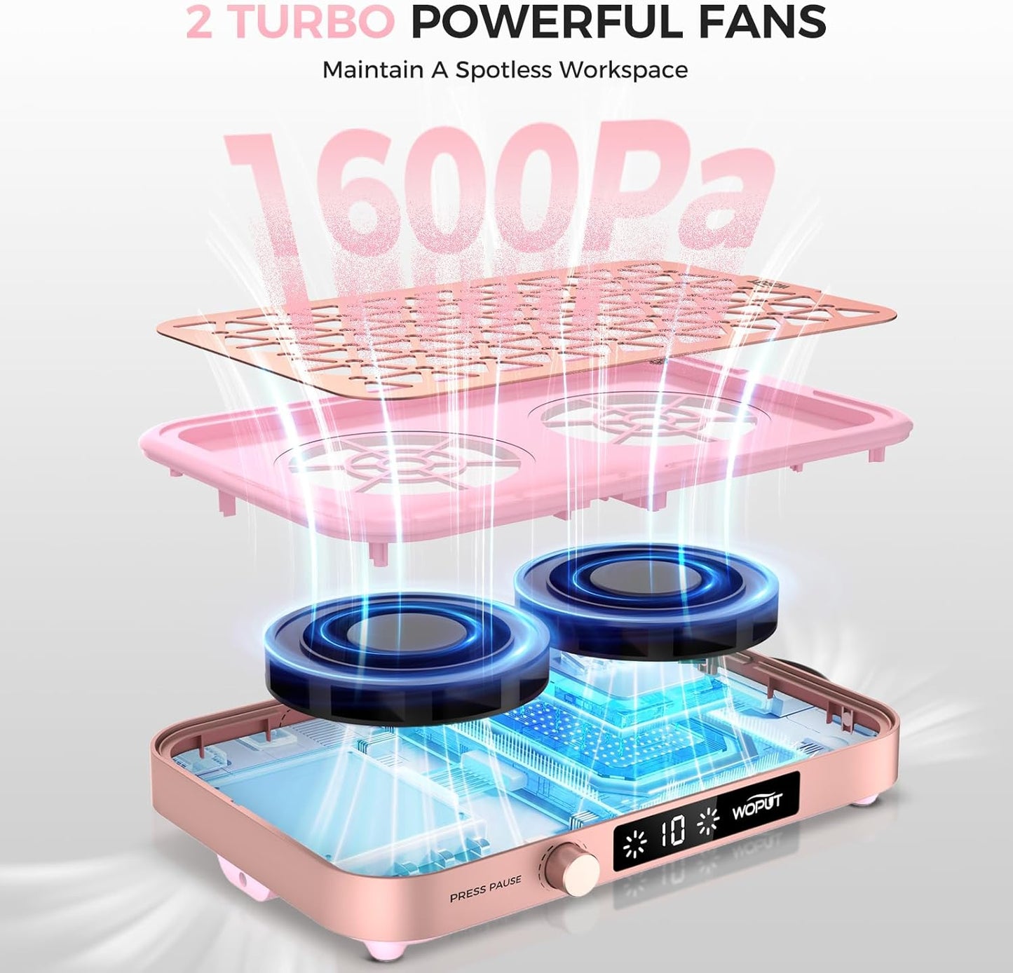 Nail Dust Collector, 1600PA Professional Nail Vacuum Dust Collector Fan with Filter Papers (30 Pcs) for Acrylic Nail Polishing & Manicure at Nail Salon & Home - Pink