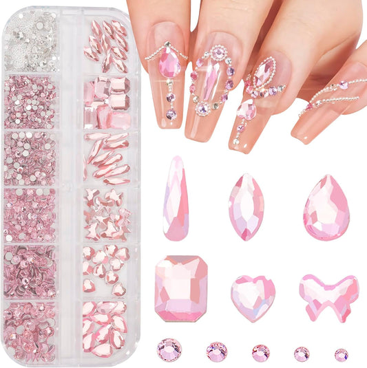 Multi Shapes Light Pink 3D Glass Crystal Nail Rhinestones Kit Mix 0.8mm Silver Nail Round Beads Charm Flatback Gems 5 Grids Flatback Rhinestones Stone Diamond for Manicure Makeup DIY Decoration