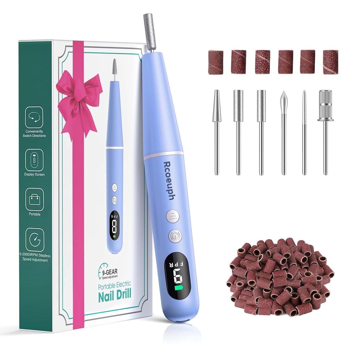 Cordless Nail Drill Kit - 9 Speed Wireless Electric Nail File with LED Display, Portable Nail Drill Machine for Acrylic Gel Nails, Rechargeable 20000RPM Hand Feet Grind Trim Tool for Women Men Baby