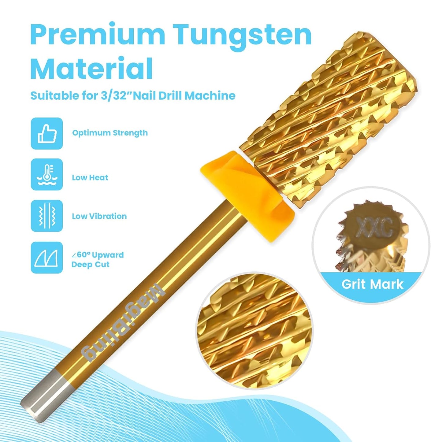 Super Cut Large Barrel Nail Drill Bits, 3/32'' Professional Tungsten Carbide Bits, Remove Hard and Soft Gel Fast, Right Hand Use, Manicure Pedicure Cuticle Gel Polishing, Gold Color, Double Coarse.