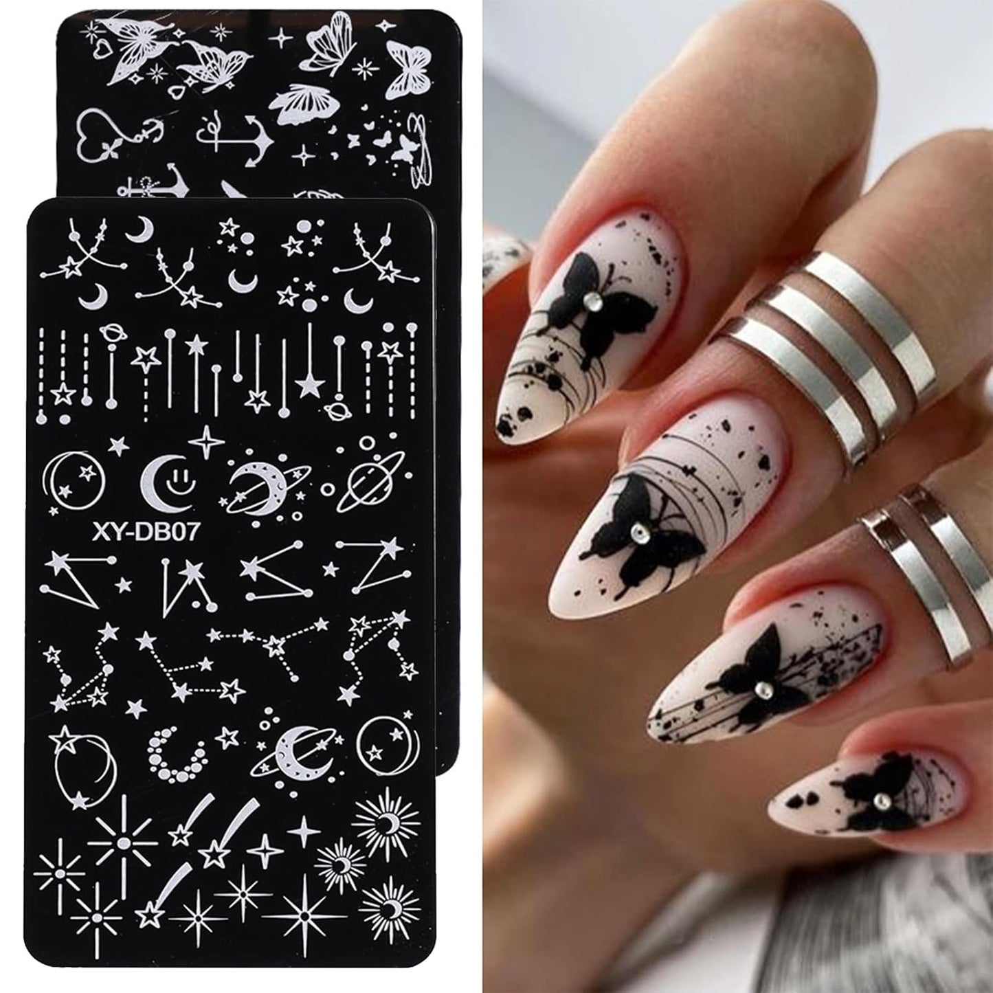 AddFavor Nail Stamping Plate Kit with Nail Stamp and Scraper, 5pcs Star Butterfly Geometric Nail Stamper Kit for Home Salon Manicure Polish Print Stencils Design Tools