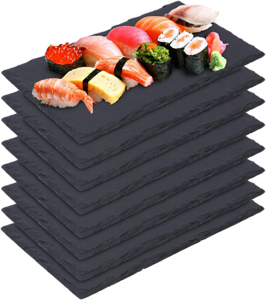 8 Pack 10 x 6 Inch Slate Cheese Boards, Black Rectangle Slate Charcuterie Boards, Natural Charcuterie Stone Plates for Parties, Gifts, and Special Events, Cheese, Sushi, Food.
