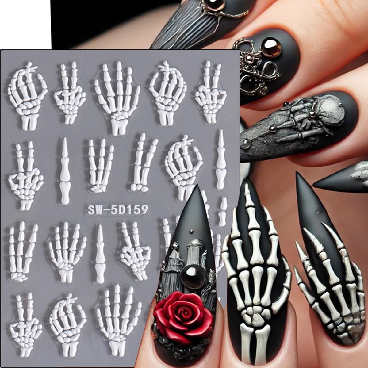 2 Sheets Halloween White Skeleton Bones Nail Art Stickers 5D Embossed Finger Skull Nail Stickers Design Self-Adhesive Skeleton Fingers Nail Decals for Women DIY Halloween Party Nails Decorations