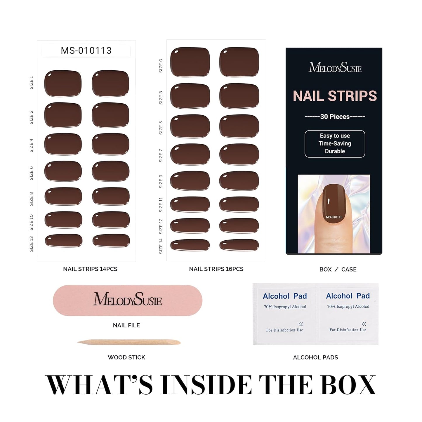 MelodySusie 30PCS Semi Cured Gel Nail Strips, Brown, Works with Any Nail Lamps, Salon Quality, Long Lasting, Easy to Apply and Remove, Includes 2 Prep Pads, Nail File and Wooden Stick