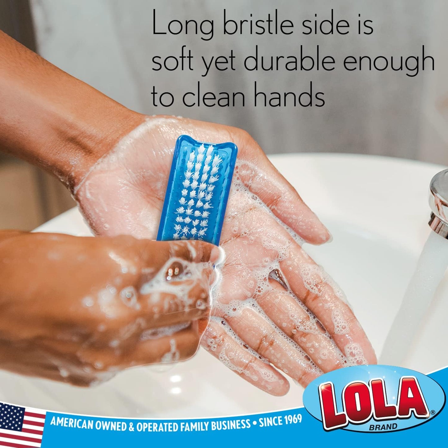 LOLA Classic Hand & Nail Brush, 2 Sided - 3 Pack, Soft & Stiff, Comfortable No-Slip Grip, Cleans Hands & Fingernails, Assorted Colors