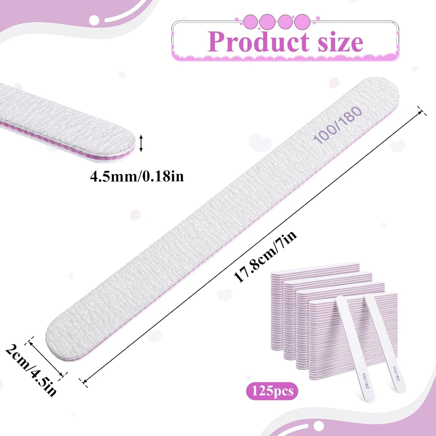 125 Pcs Nail Files 100/180 Grit Double Sided Emery Boards Professional Reusable Nail Buffers for Natural Nails and Acrylic Nails Home and Salon Use