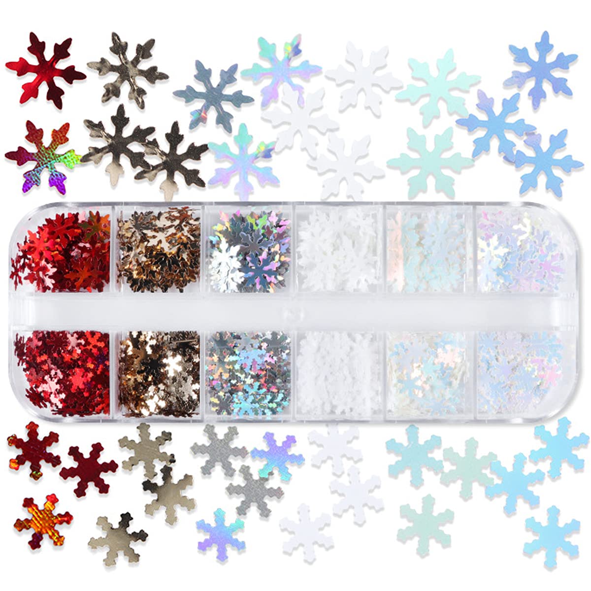 12 Grids 3D Laser Snowflake Nail Decals - Holographic Sequins, White Snow Glitter Shapes - Christmas & Winter Nail Art Stickers