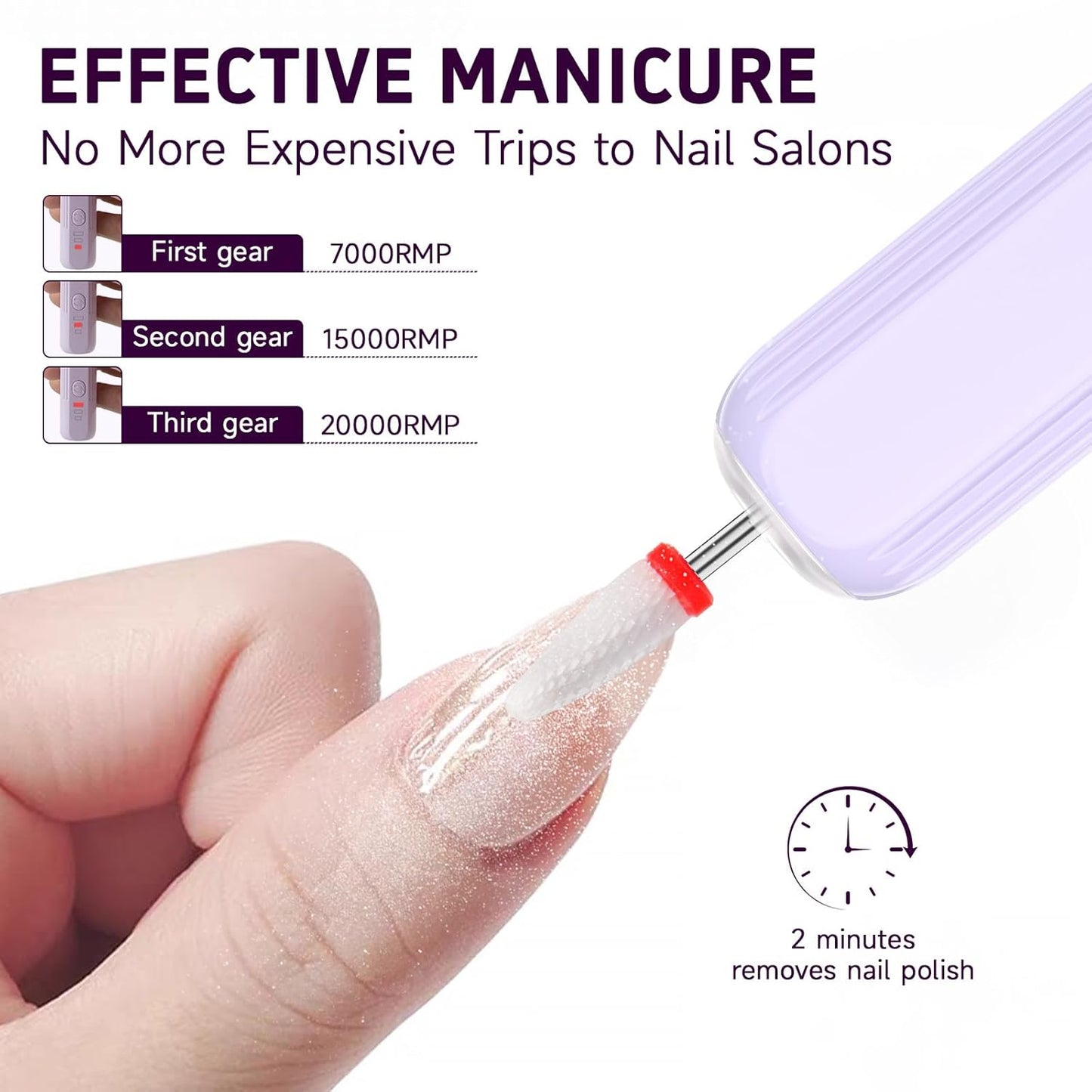 Professional Nail Drill Set, 2,0000 RPM Electric Nail File with 12 Grinding Head & 100Pcs Sanding Bands for Acrylic Gel Nails, Manicure and Polishing (Light Purple)