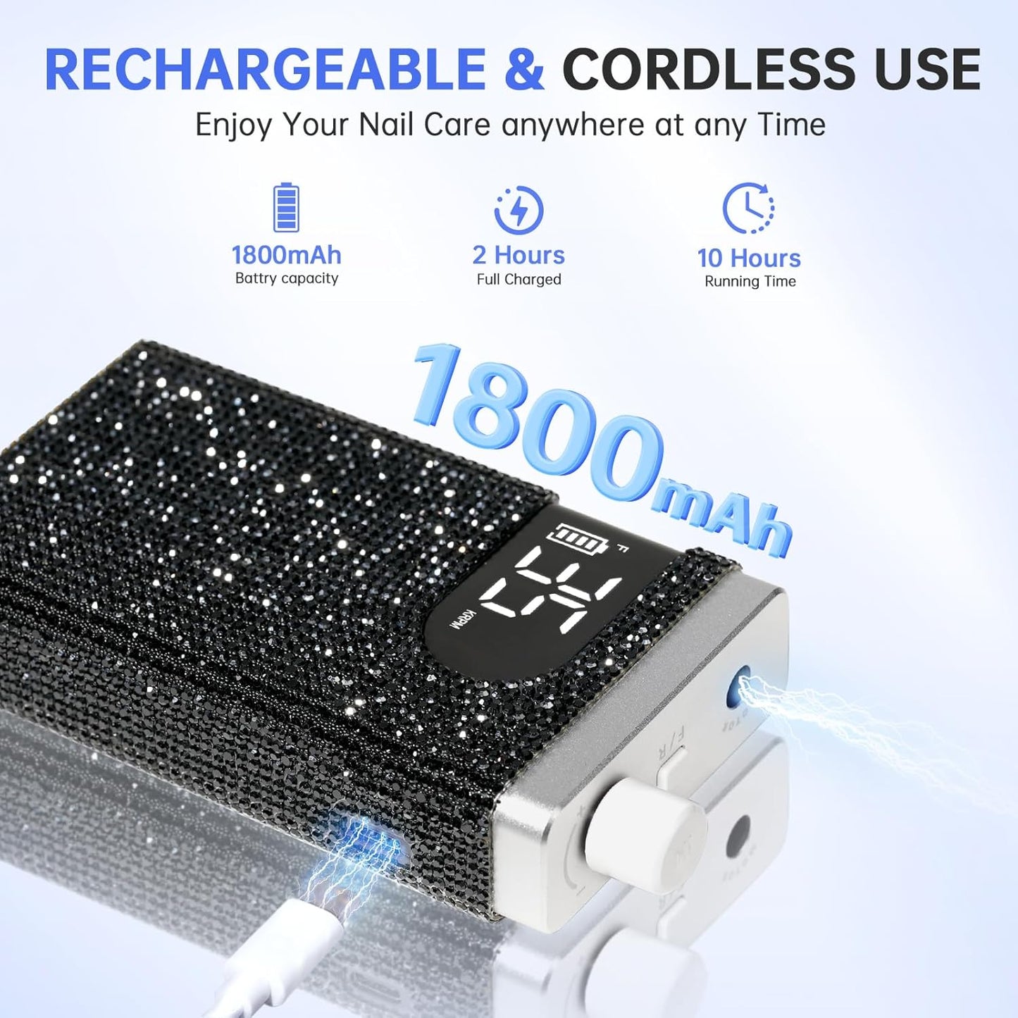 Rechargeable 35000RPM Nail Drill Sparkling Portable Professional Electric Nail File for Acrylic/Gel Nails Professional Nail Tools for Manicure Pedicure, Black Diamond