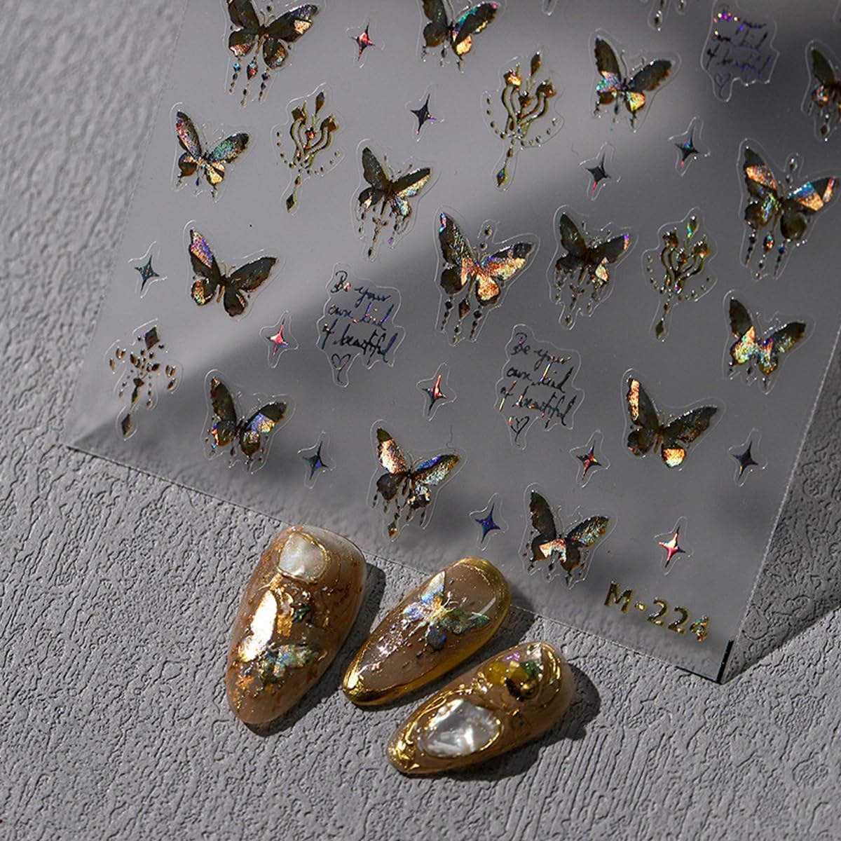Butterfly Nail Art Stickers and Decals - 5D Embossed Gold Butterflies Star Accessories for Women Girls Spring Summer Decoration - Shiny Art Supplies