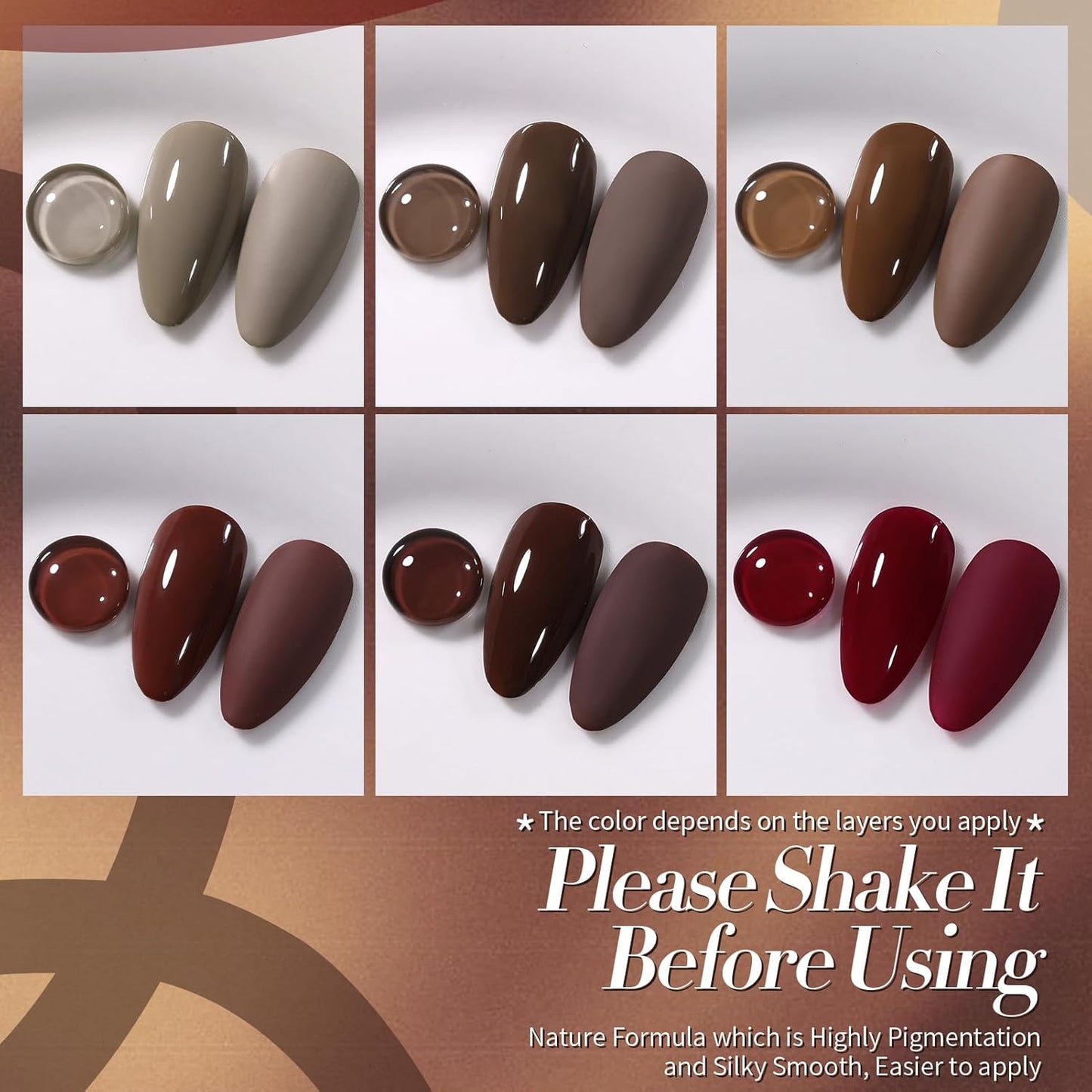 Born Pretty Fall Winter Gel Nail Polish Burgundy Wine Red Caramel Brown Coffee Autumn Gel Polish Set Gel Nail Kit Christmas Gift Nail Art Manicure Collection 6PCS 7ML
