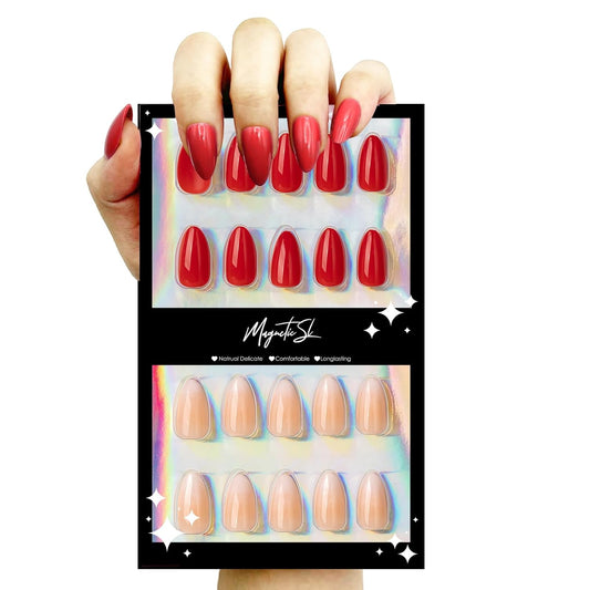 64PCS Bright Red & Vanilla Cream Press On Nails - Short Almond Fake Nails, with 2 Nail Glues, 2 Cuticle Sticks, 4 Prep Pads, 1 Nail File - Glossy Nails Kit for Daily Use