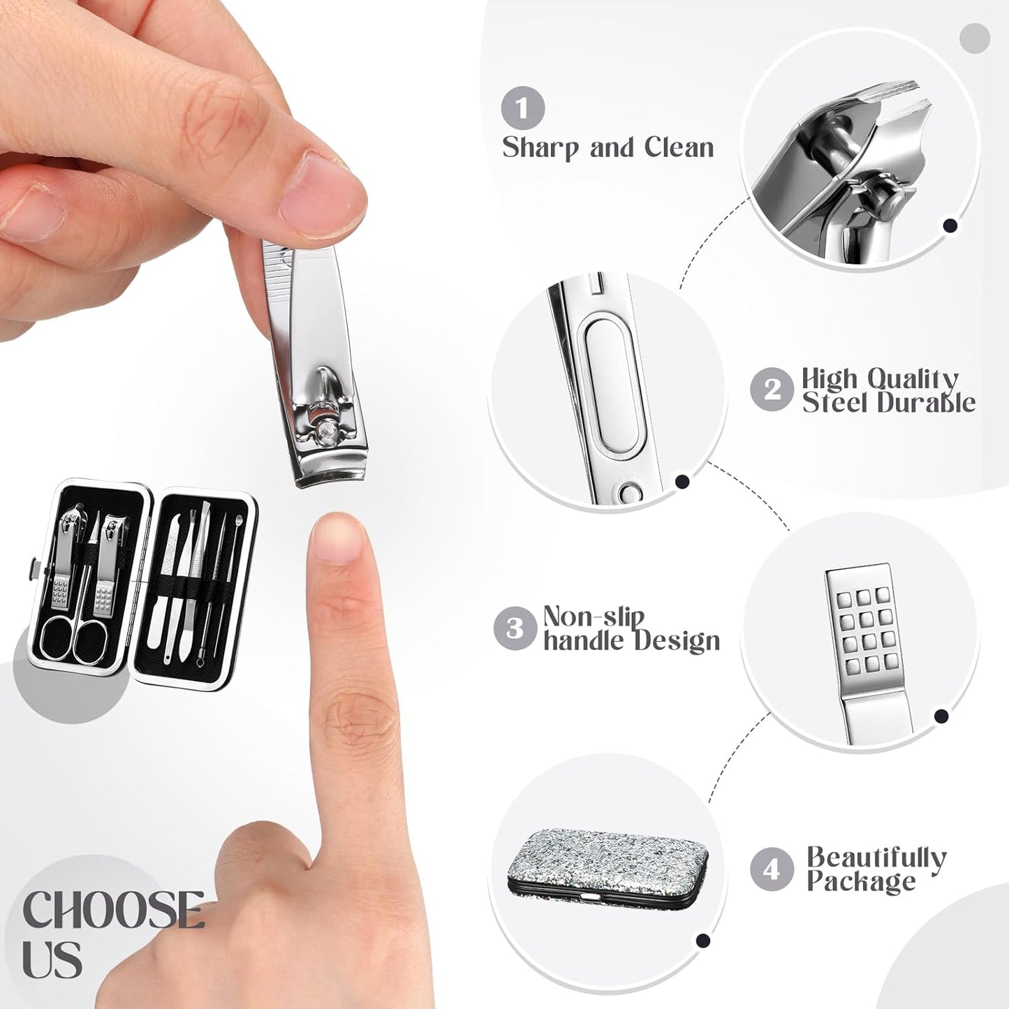 Geosar 12 Set 8 in 1 Manicure Set Stainless Steel Nail Clippers Kit Pedicure Care Tools with Leather Case Travel Grooming Kit Gift for Women Men(Glitter Silver)