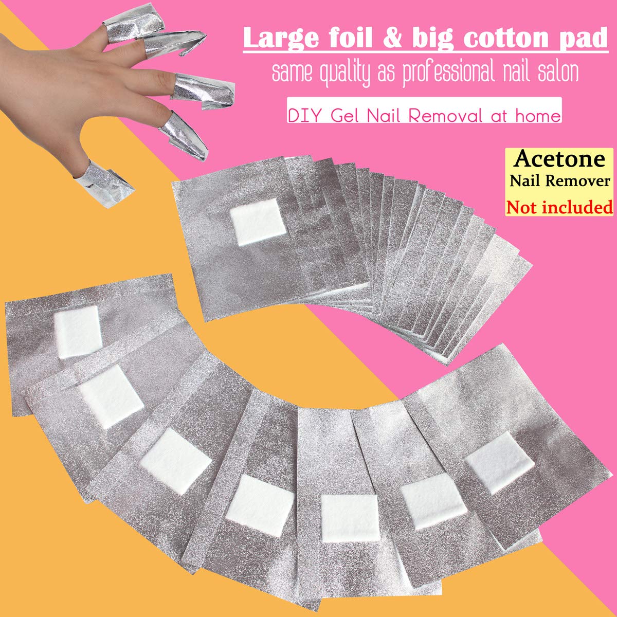 MIILYE Nail Polish Remover Foil Wraps for Acrylic/Dip Powder/UV/Gel/Polish Varnish Soak-off Removal, with Pre-attached Lint Free Pad (100x Gel Nail Polish Remover Wraps)