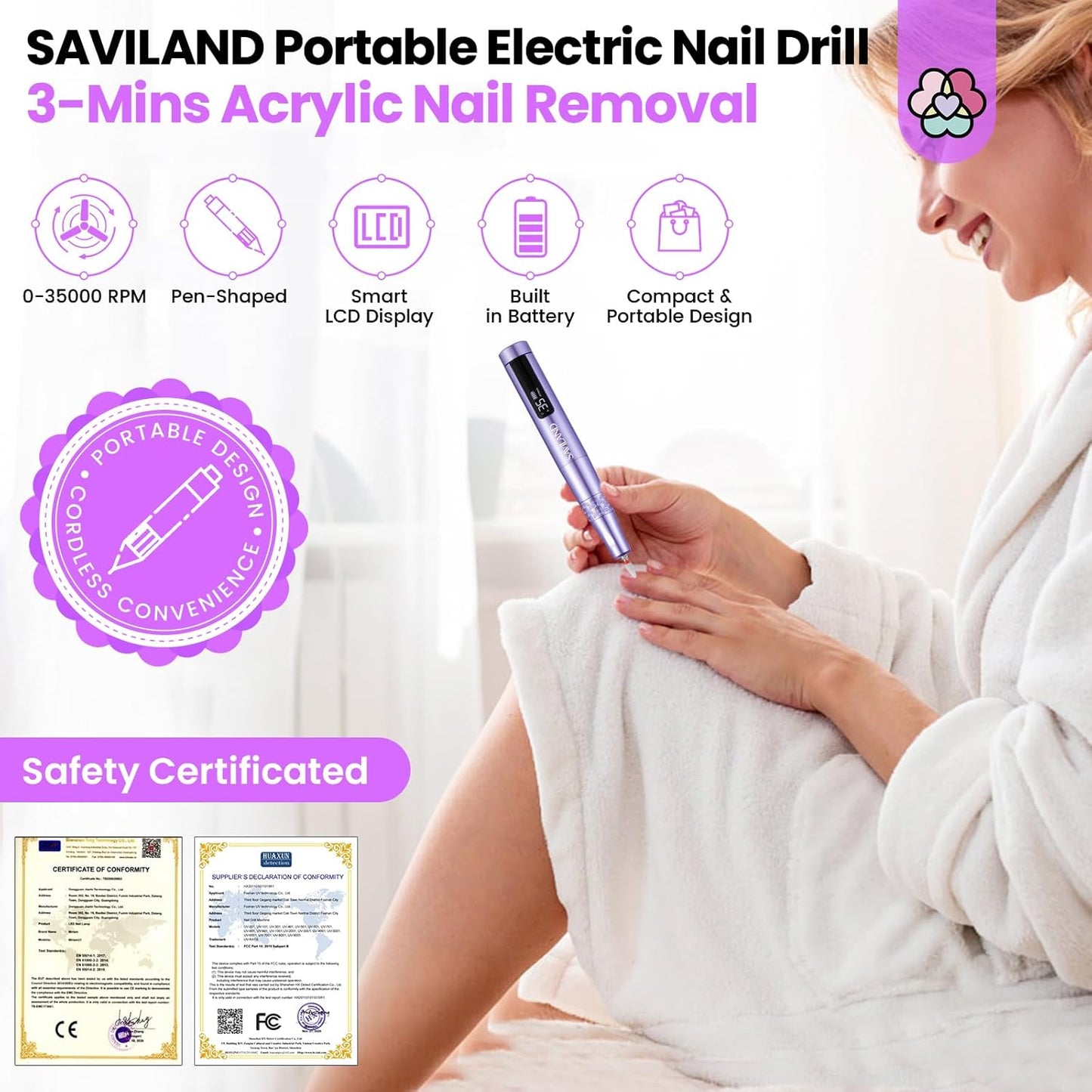 SAVILAND Electric Nail Drill: 35000RPM Cordless Electric Nail File Portable Nail Drill Professional 0 Vibration Hight Speed for 3 Mins Removal Acrylic for Manicure Pedicure Nail Salon at Home（Purple）