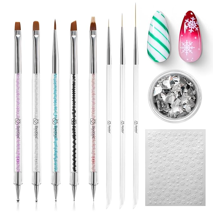 Beetles Christmas Nail Art Brushes 8pcs – Crystal Christmas Nail Art Tools 5pcs Double-ended Nails Dotting Tool, 3pcs Striping Liner Brushes for Nails with Charms and Stickers Manicure Design Tools