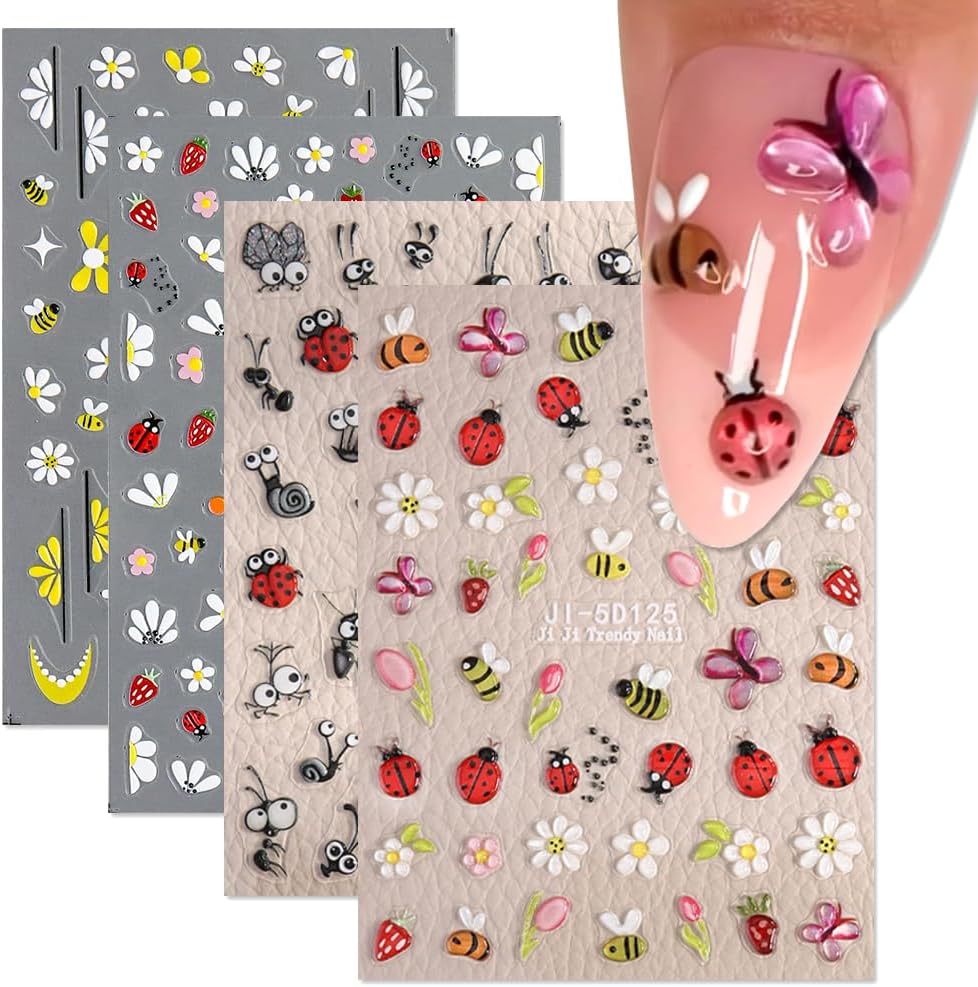Cute Bee Ladybug Ant Nail Art Stickers, 4 Sheets 5D Embossed Self-Adhesive Nail Decals Flowers Daisy Butterfly Strawberry Nail Designs for Women Girls DIY Manicure Decorations