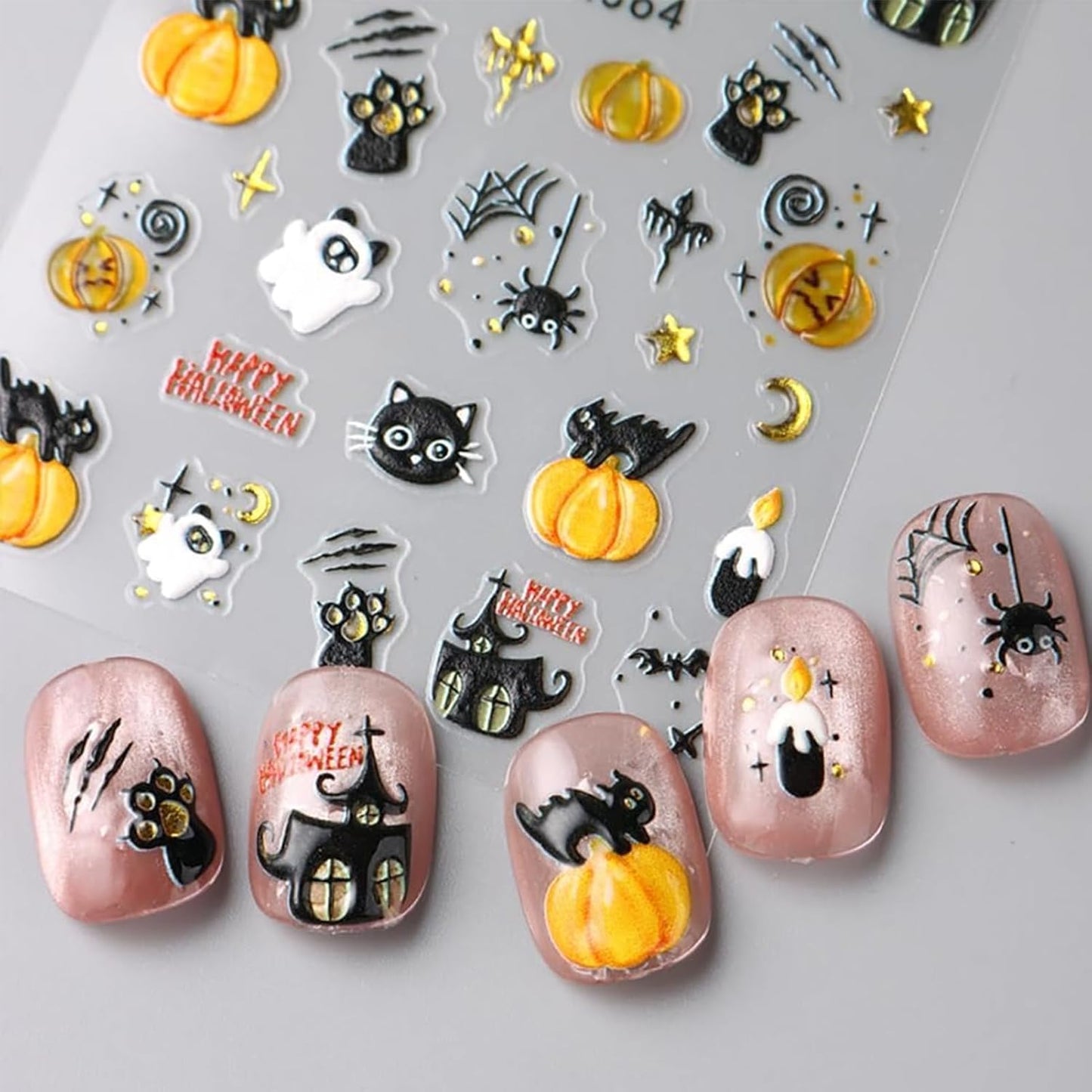 Halloween Spooky Nail Stickers, Embossed Ghost Black Cat 5D Self-Adhesive Nail Art Decals for DIY Cute Pumpkin Manicure (2 Sheets)