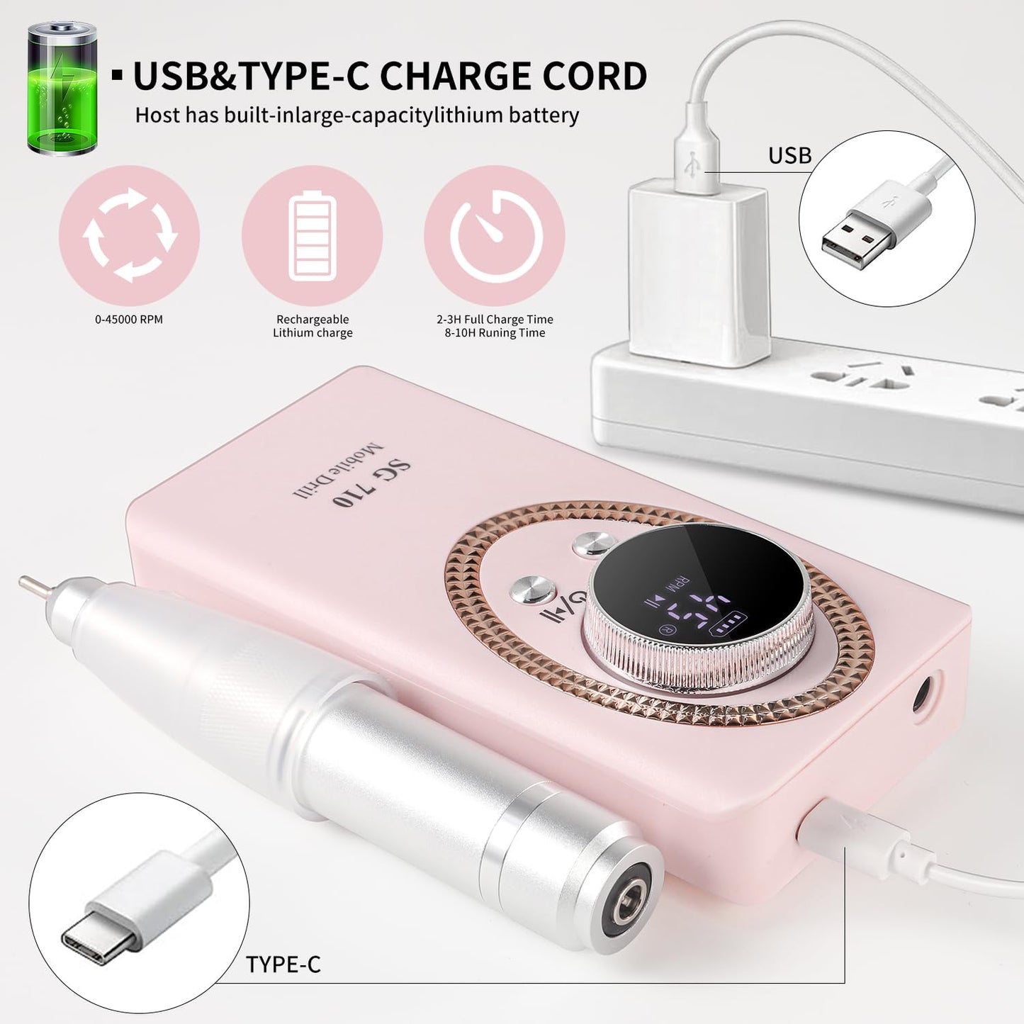 Electric Nail File for Acrylic Nail Kit, 45000RPM Electric Nail Drill Professional Manicure Pedicure Set with Nail Drill Kit Bits, Efile Cordless for Manicure