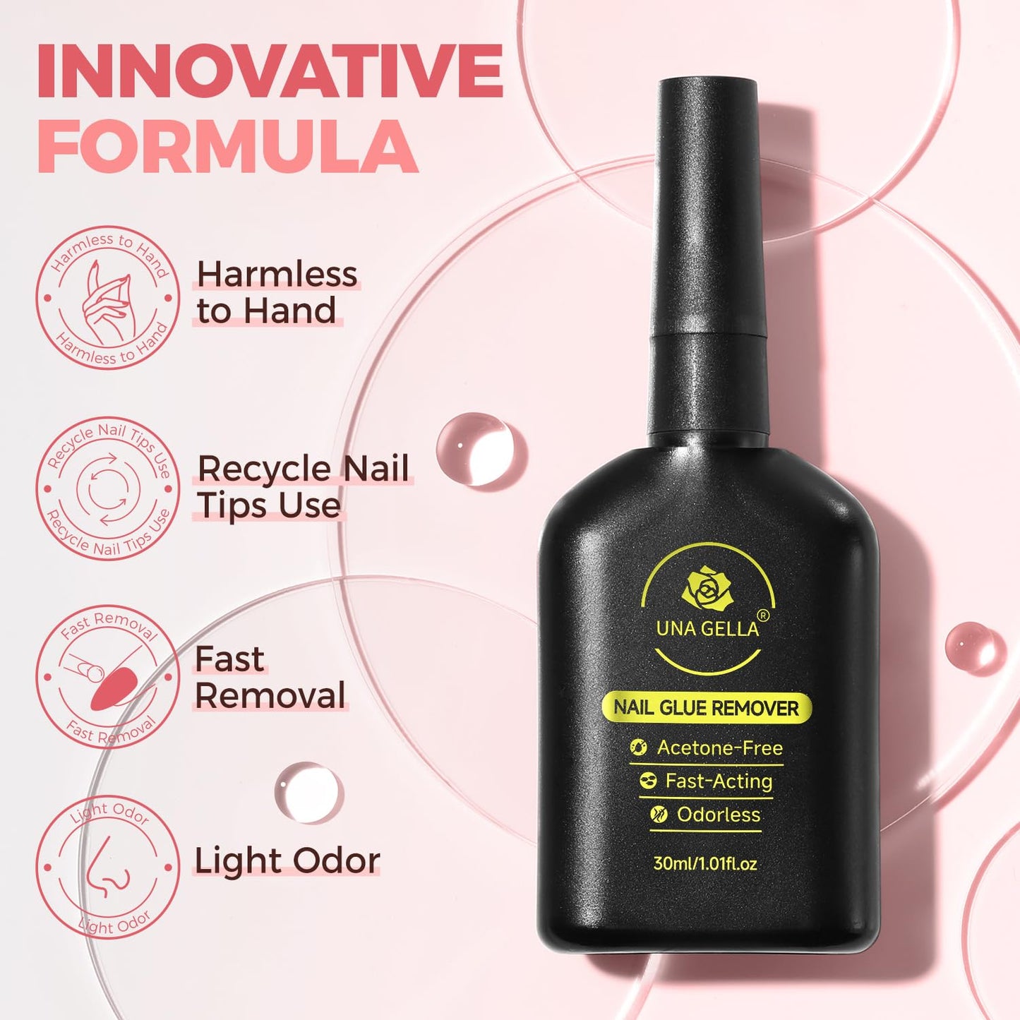 UNA GELLA Inbuilt Crowbar Press On Nail Glue Remover 30ML Acetone-Free Gentle Soak Off Gel Nail Glue Polish Remover for Nail Tip Adhesive Glue Easily Home DIY Not for U V Cured Gel