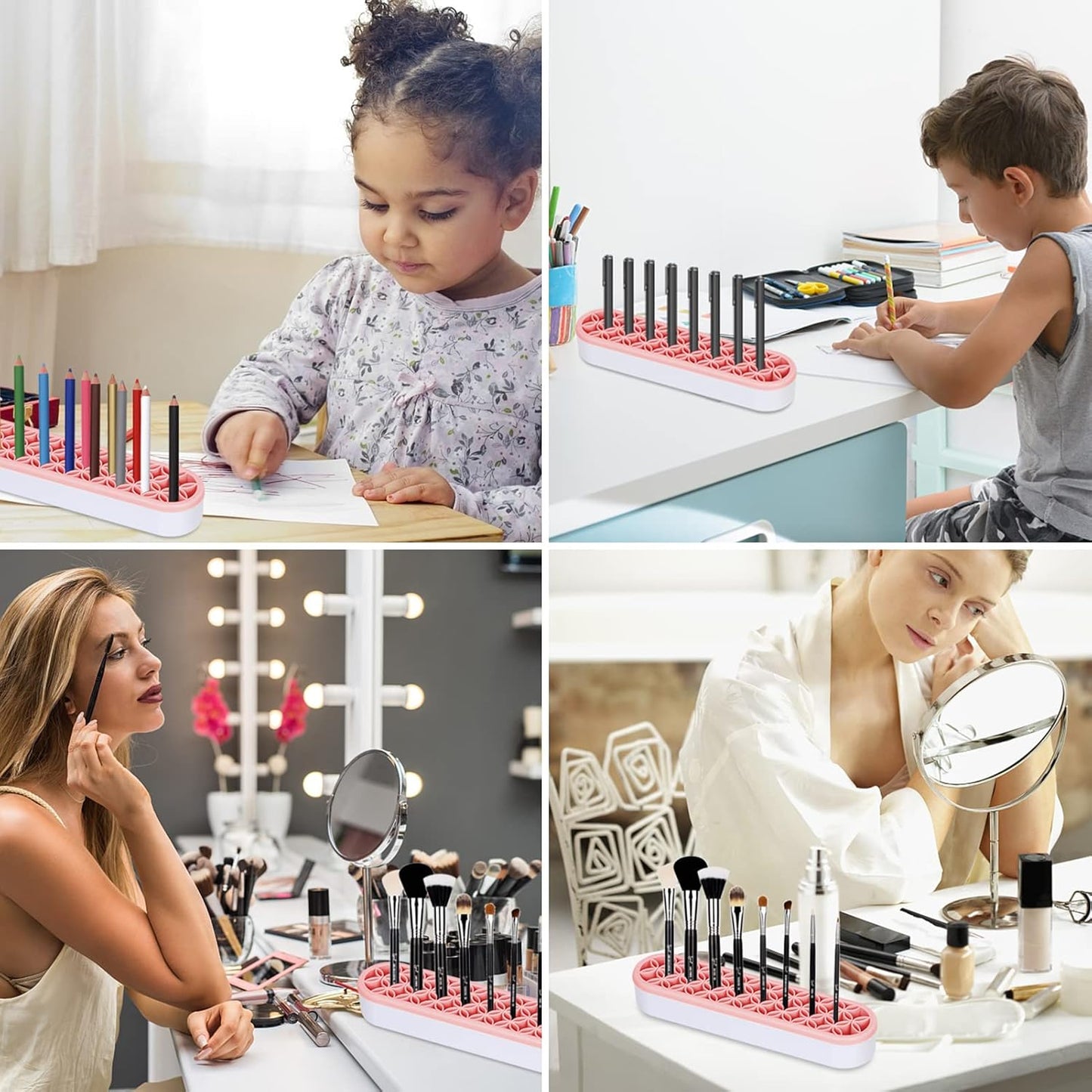 Unaone Silicone Makeup Brush Holder, Multipurpose Beauty Tool Organizer Make up Brush Storage Stand for Painting Pen Brushes Nail Clippers Drill Pens Ruler Sewing Craft Tools (Pink)