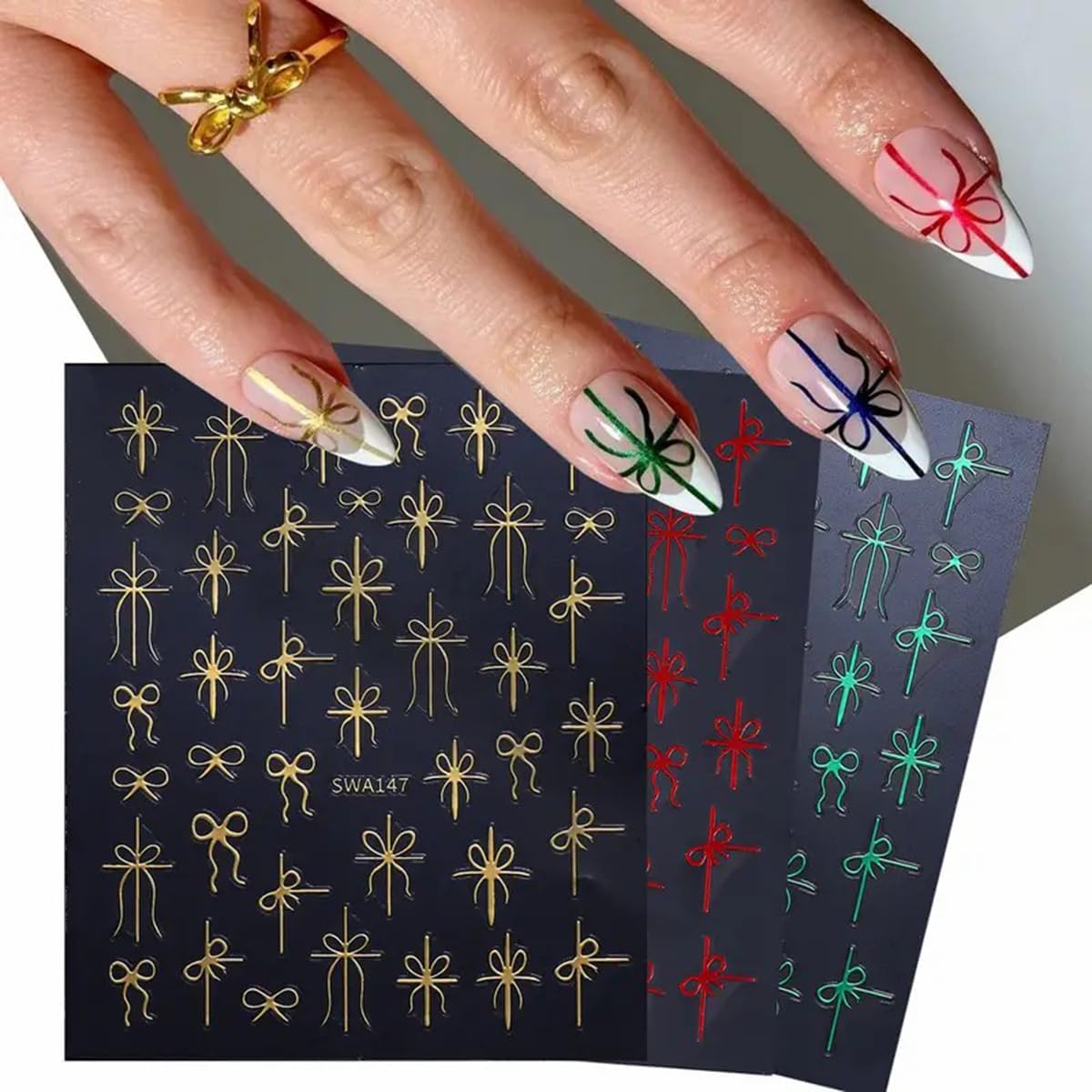 Christmas Nail Art Stickers Decals Christmas Gift Bow Nail Decals 6PCS Golden Green Red Ribbon 3D Self-Adhesive Nail Designs Holiday Nail Stickers Manicure Supply for Women DIY Nail Art Decorations