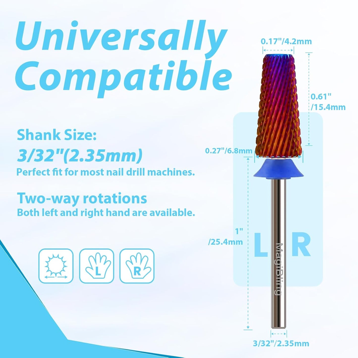 Professional Nail Drill Bits for New Artists, Cross Cut 3/32'' Safety Tungsten Carbide Tapered Bit, Remove Gel Fast, Left & Right Hand Use, Manicure Cuticle Soft Hard Gel Polishing, Medium.