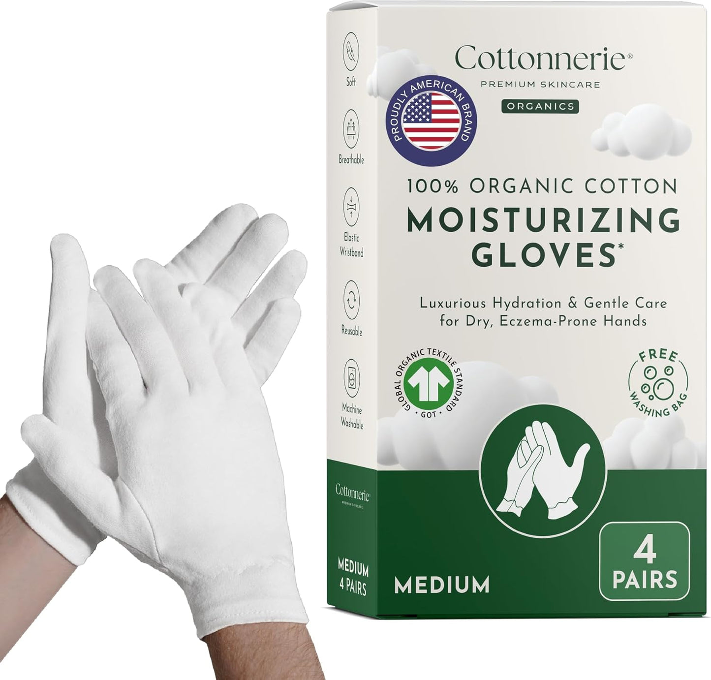 4 Pairs Cottonnerie Organic Cotton Gloves for Dry Hands Sleeping, Moisturizing Gloves Overnight, Hand Moisturizer Gloves, Moisture Gloves for Dry Hands Overnight, Sleeping Gloves, Medium