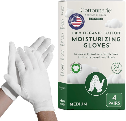 4 Pairs Cottonnerie Organic Cotton Gloves for Dry Hands Sleeping, Moisturizing Gloves Overnight, Hand Moisturizer Gloves, Moisture Gloves for Dry Hands Overnight, Sleeping Gloves, Medium