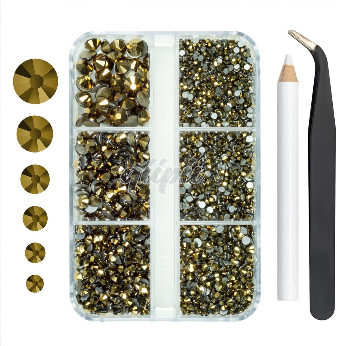 2550pcs Golden Nail Art Flatback Rhinestones for Face Makeup Metallic Golden Nail Gems Gemstones K9 Glass SS4~SS20 6 Sizes Mine Gold Diamonds Stones Crystals w Picking Pen for Nails DIY Crafts