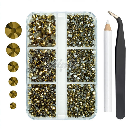 2550pcs Golden Nail Art Flatback Rhinestones for Face Makeup Metallic Golden Nail Gems Gemstones K9 Glass SS4~SS20 6 Sizes Mine Gold Diamonds Stones Crystals w Picking Pen for Nails DIY Crafts