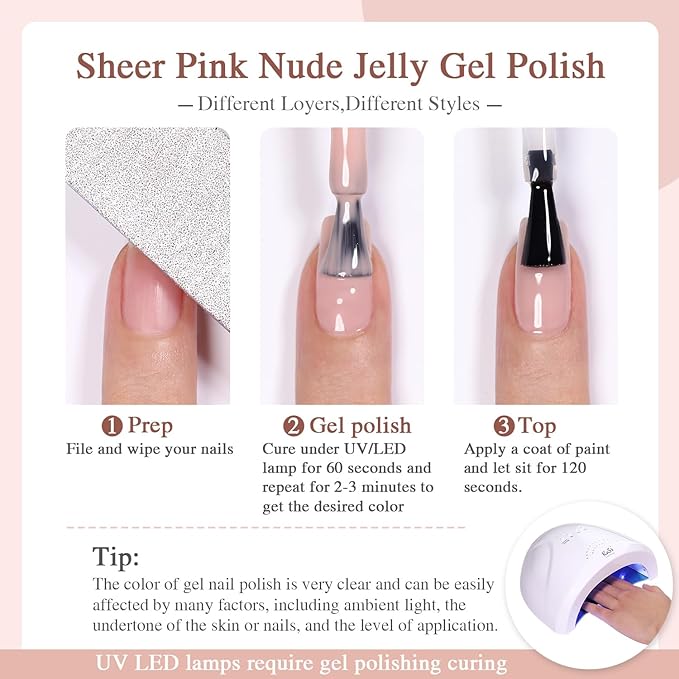Nude Pink Gel Nail Polish,15ml Natural Jelly Sheer Pink Gel Polish Color Soak Off UV LED Nail Art Starter Manicure Salon DIY at Home