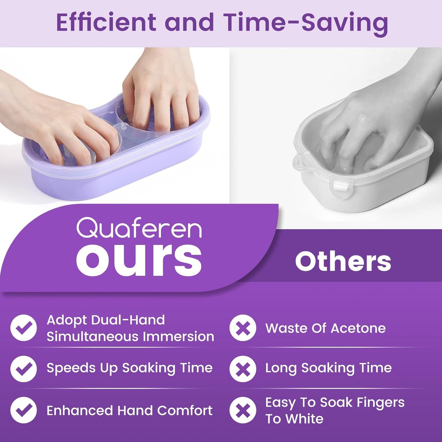 Quaferen Dual Nail Soaking Bowl: 2-in-1 Nail Polish Remover Manicure Bowl with Cuticle Tools for Women, Time-Saving Soak Off Acrylic Nail Removal Kit for Salon Home (Normal Size, Purple)