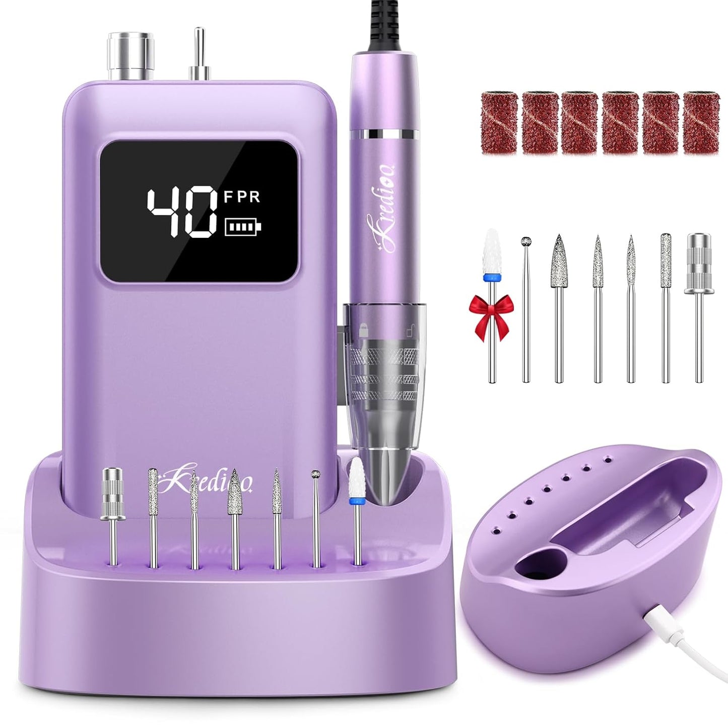 Kredioo Professional Nail Drill Brushless 40,000RPM Rechargeable 2-in-1 Portable Electric Nail File Ultra Silent Salon Must Haves Nail Tool Kit Removing Acylic Gels-Purple