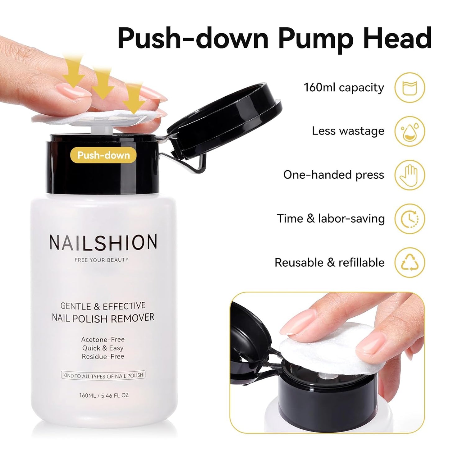 Nail Polish Remover Non-acetone, 5-10s Fast Remover for Regular Nail Polishes, Reusable Push-Down Pump Dispenser, No Toxic Gentle Removal, Rich in VE Non-Drying, 5.46 fl. oz