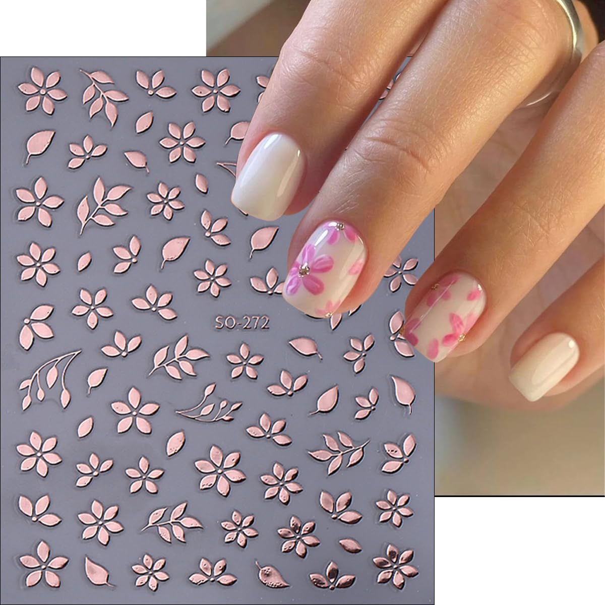6Sheets Flower Nail Art Stickers 3D Bronzing Floral Leaf Nail Decals Self Adhesive Metallic Rose Gold Silver Flowers Design Nail Supplies Spring Nail Stickers Decoration for Acrylic Nails DIY