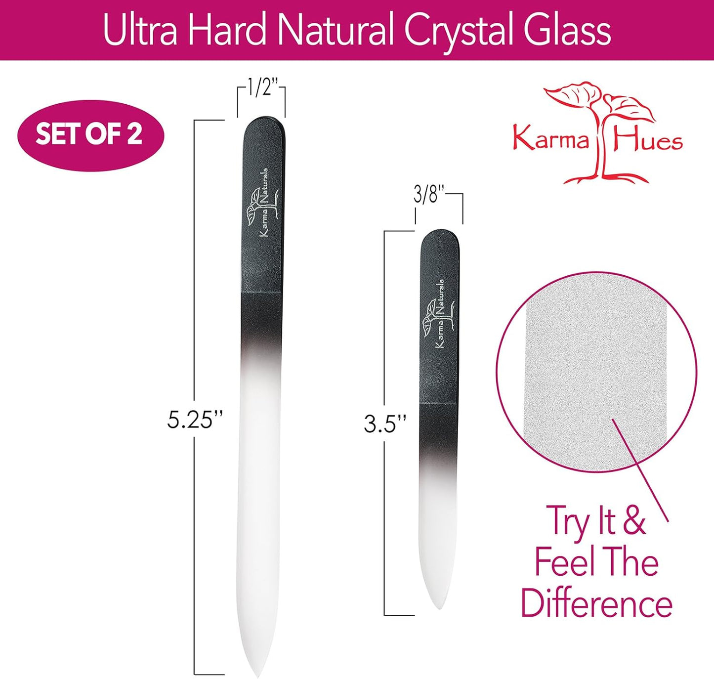Karma Organic Double Sided Glass Nail File for Women - Professional Nail Buffer Glass Fingernail for Manicure Pedicure Nail Care - Smooth Finish Strengthens - Best for Natural Beautify Nails Set of 2
