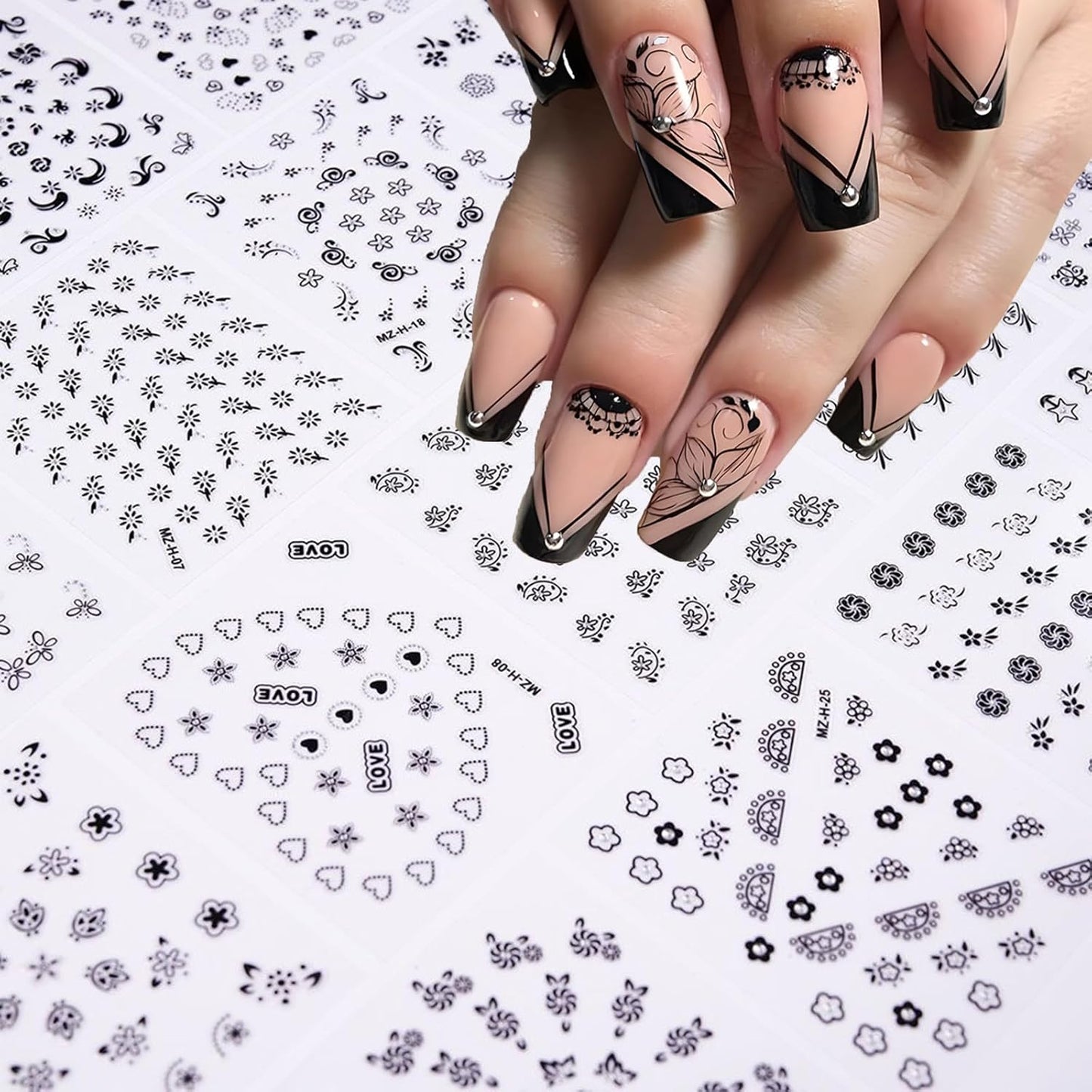 30 Sheets Black Flower Nail Art Stickers - Heart, Butterfly Design Charms - 3D Self Adhesive Nail Art Supplies for Women & Girls - Manicure Decoration Floral Nail Decals