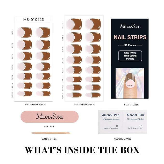 MelodySusie 30PCS Semi Cured Gel Nail Strips (Brown French Tips), Works with Nail lamp, Salon Quality, Long Lasting, Easy to Apply and Remove, Includes 2 Prep Pads, Nail File and Wooden Stick