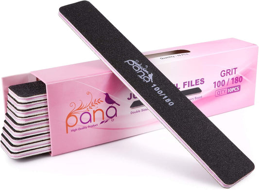 10PCS Jumbo Size PANA Professional Double Sided Nail Files - Black, 100/180 Grit - Emery Board Nail Buffering File Manicure Pedicure Nail Polisher Washable
