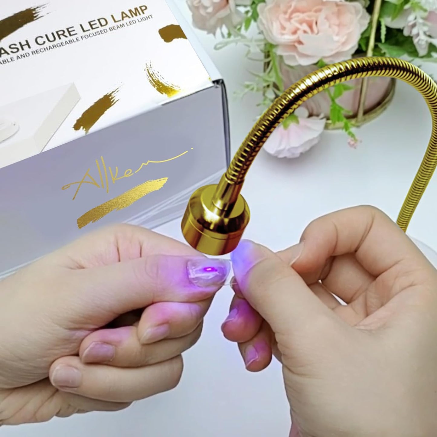 ALLKEM Flash Cure UV Light - Gooseneck Led Nail Lamp for Gel Polish - Professional & Home Use Nail Light & Dryer - Wireless, Cordless & Rechargeable Curing Lamp (3W - Gold)