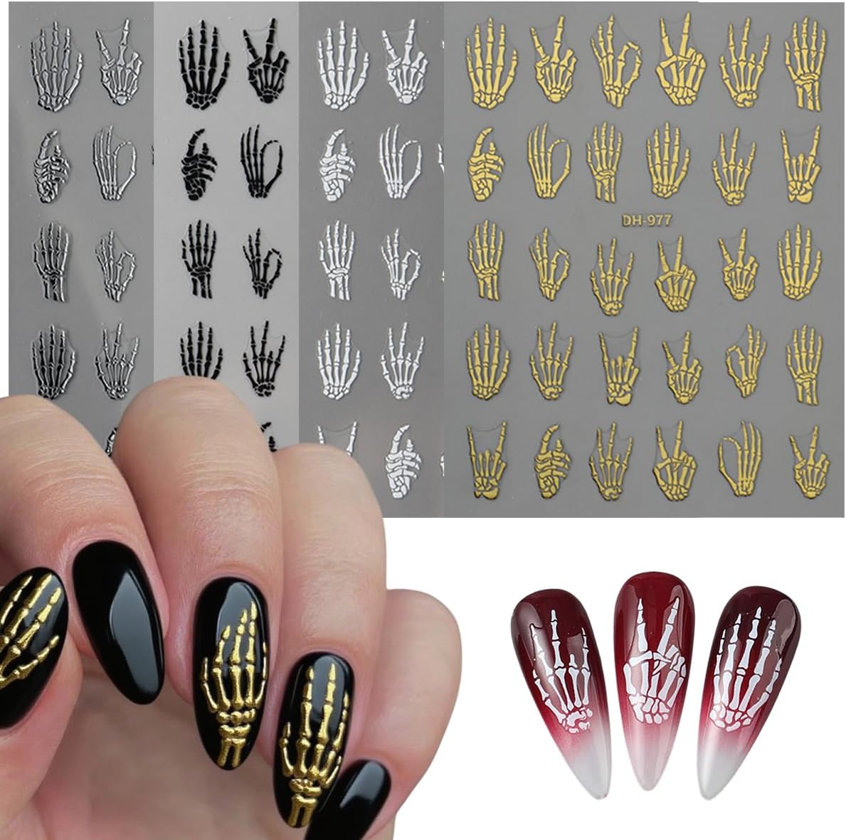 Halloween Nail Art Stickers Decals Horror Hand Bones Skeleton Skull Design Nail Stickers 5D Embossed Goth Nail Decals for Women DIY Manicure Halloween Party Nails Decorations 4 Sheets