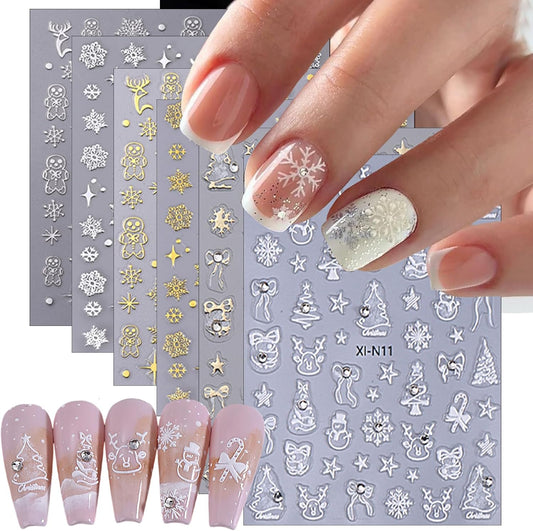 6 Sheets Christmas with Rhinestones Nail Art Stickers 3D Self-Adhesive Gold Silver Elk Snowflake Nail Stickers Glitter Christmas Tree Nail Decals Acrylic Nail Supplies for Women Girls Nail Decoration