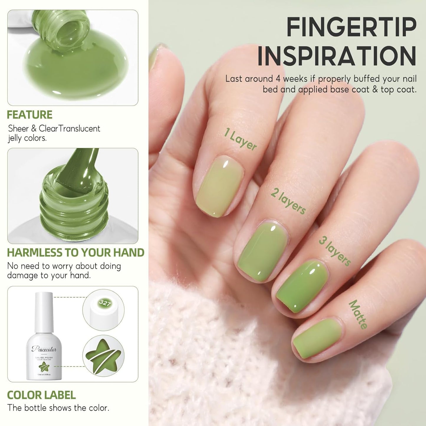 PEACECOLOR Green Jelly Gel Polish Set, 6 Colors 10ML Transparent Clear Green Collection Jelly Gel Nail Polish Set Fall Nail Art Design Home Salon DIY Gifts for Women