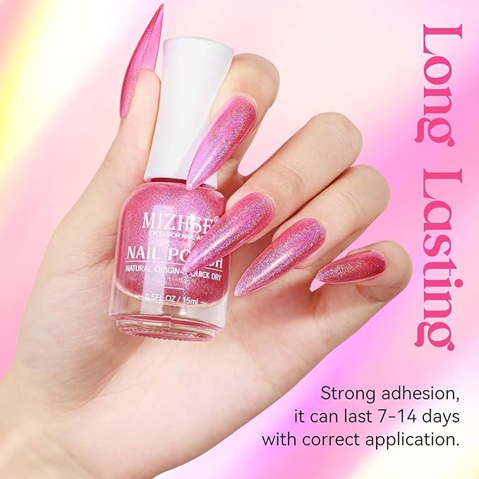 MIZHSE Holographic Nail Polish, Pink Glitter Nail Polish Air Dry Fast, 15 ml High Glossy Shimmer Nail Pigment Oil-based Laser Iridescent Nail Lacquer Chrome Halo Nail Art Salon Manicure Home