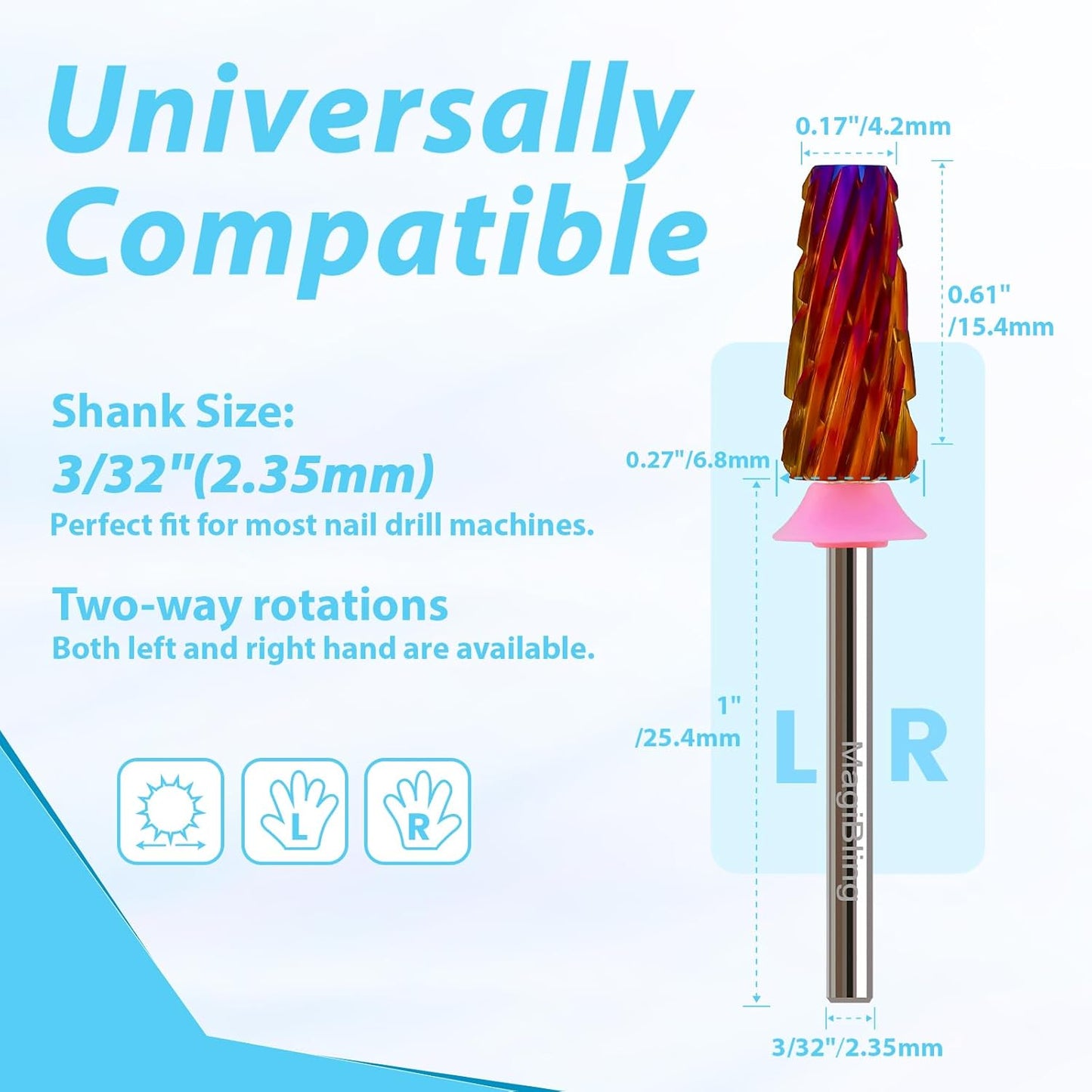 Professional Nail Drill Bits for New Artists, Cross Cut 3/32'' Safety Tungsten Carbide Tapered Bit, Remove Gel Fast, Left & Right Hand Use, Manicure Cuticle Soft Hard Gel Polishing, Triple Coarse.