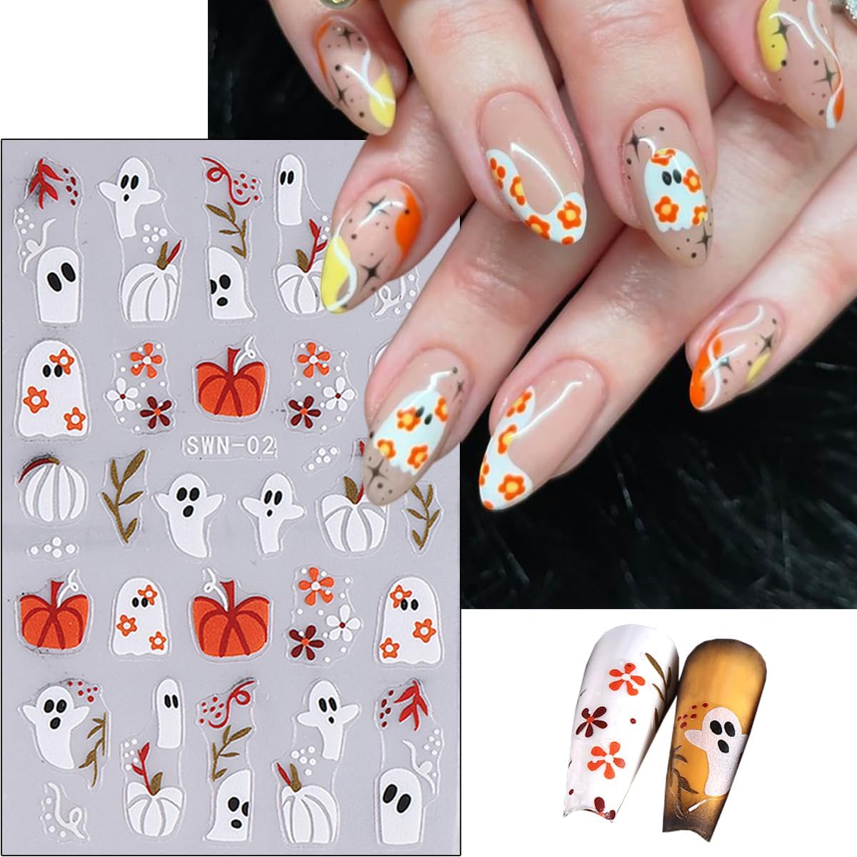 8 Sheets Halloween Nail Art Stickers Decals 3D Self-Adhesive Horror Ghost Spider Web Spider Pumpkin Hand Bone Skull Black Cat Nail Stickers Cute Halloween Nail Decals for Women Party Nails Supplies