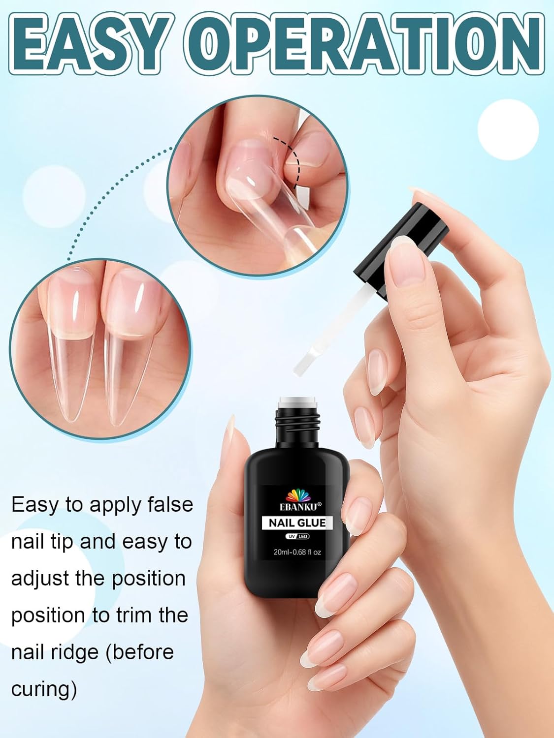 EBANKU 6 in 1 Super Strong Nail Glue for Press on, 20ml Lamp Curing Needed Solid Soak Off Glue, Easy Application Durable & Long-Lasting UV Lamp Needed 2Pcs
