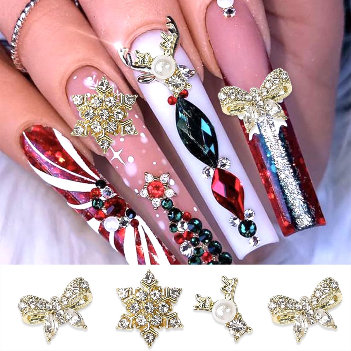 18Pcs Christmas Nail Art Charms Metallic Silver Nail Charms Shiny Snowflake Heart Christmas hat Trees Nail Rhinestones Bling Cute Crystal Nail Gems Winter Glitter Snowflake Nail Supplies for Women DIY